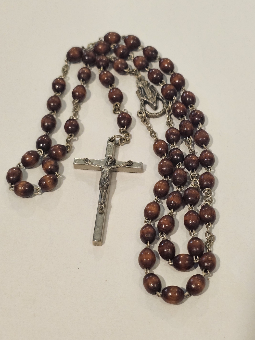 Wood Bead Rosary Necklace with Silver Crucifix